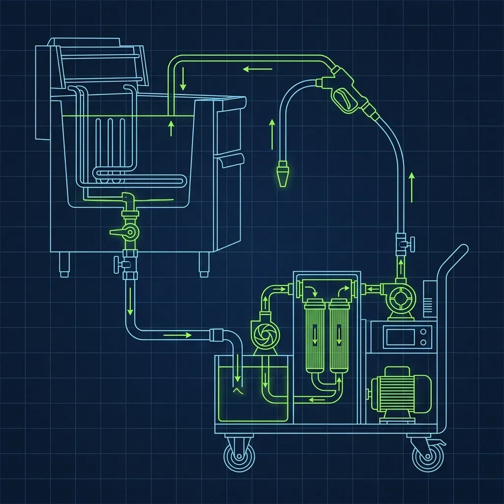 Schematic of a commercial fryer oil filtration system showing drainage and pumping of hot oil