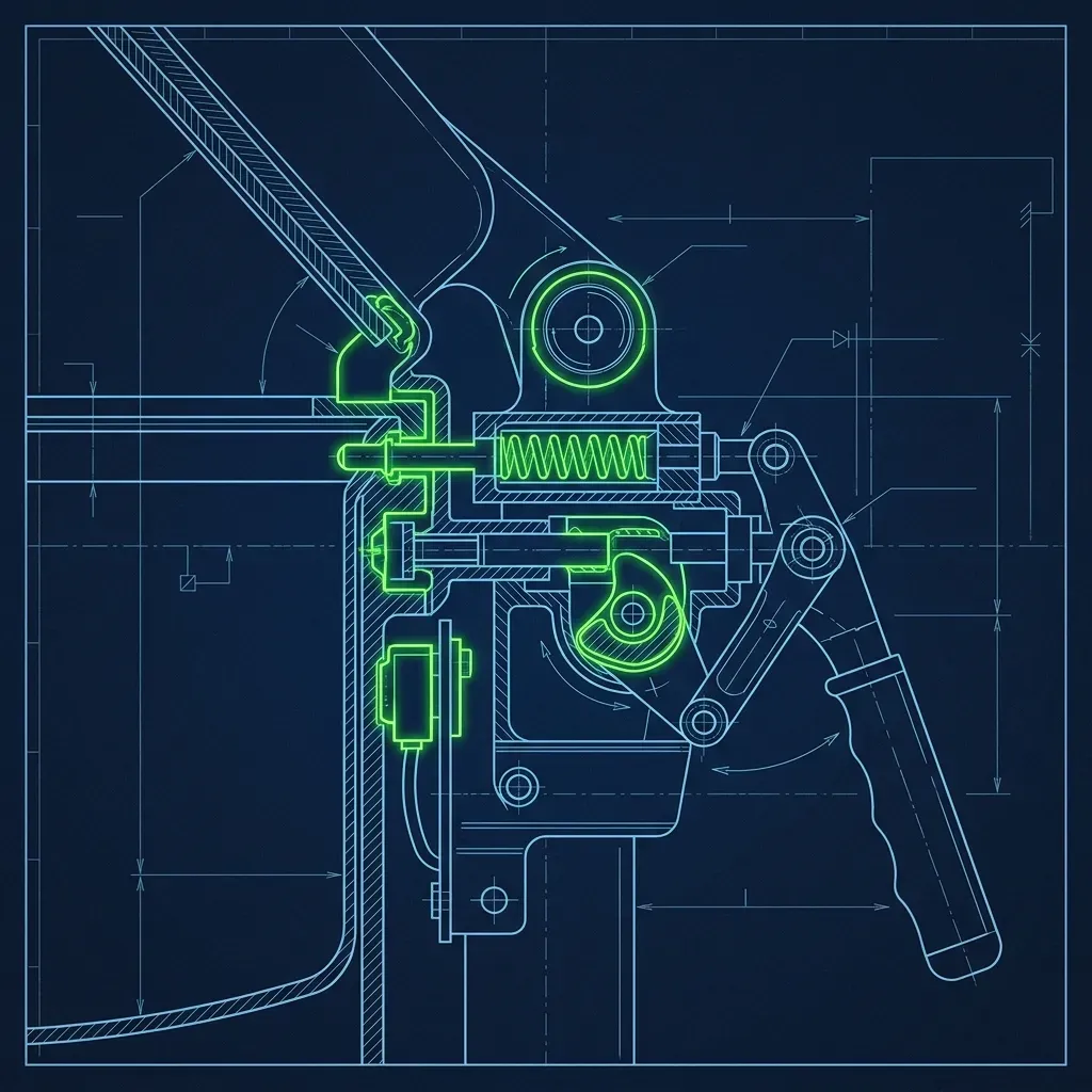 Technical diagram of the mechanical safety locking pin mechanism on a commercial pressure fryer