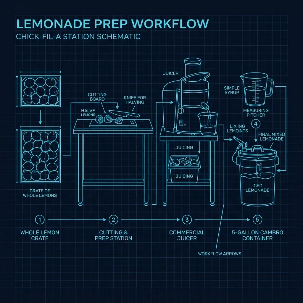 Top-down schematic of the Chick-fil-A lemonade prep workflow from lemons to finished product