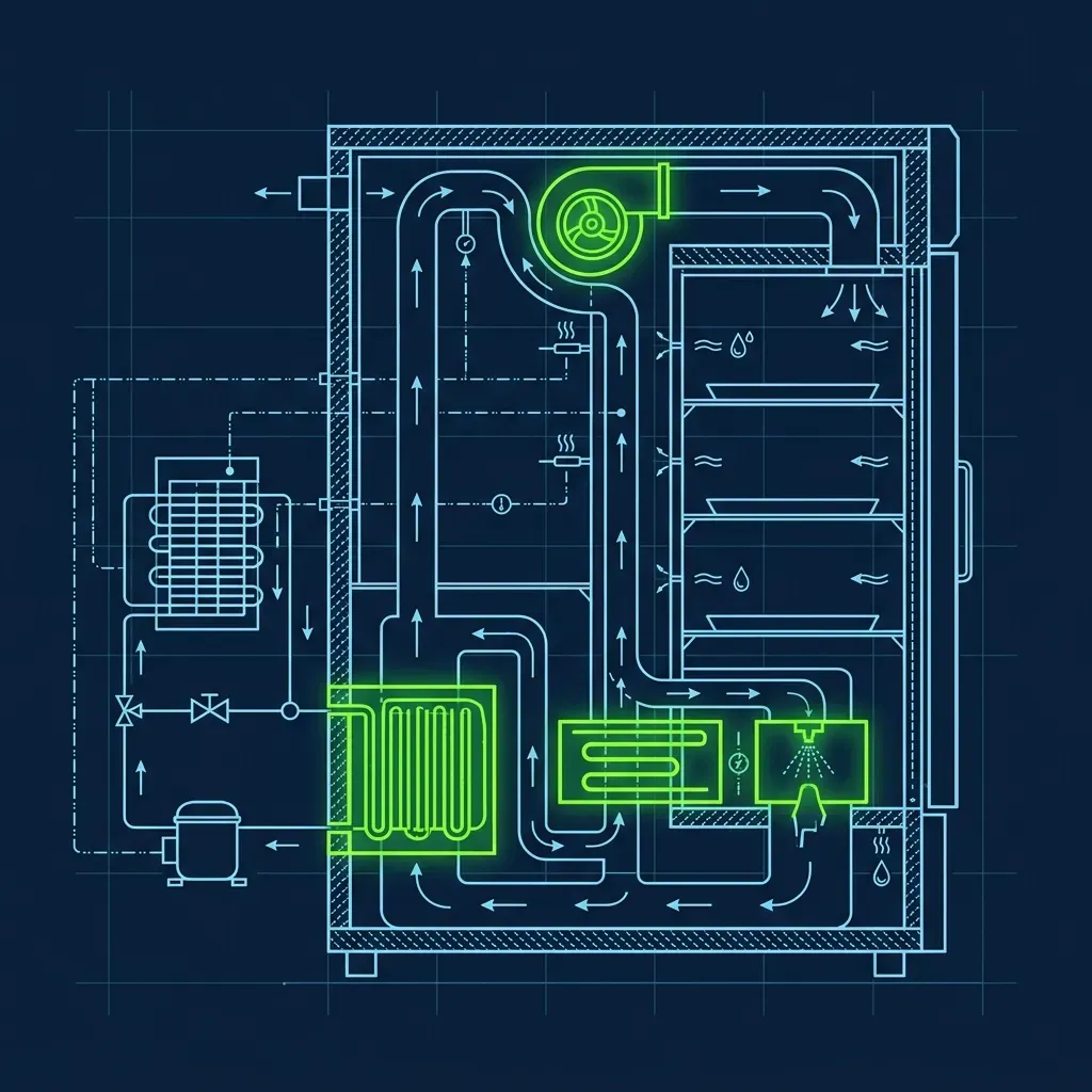 Technical diagram showing air temperature and humidity control within a CVap holding cabinet