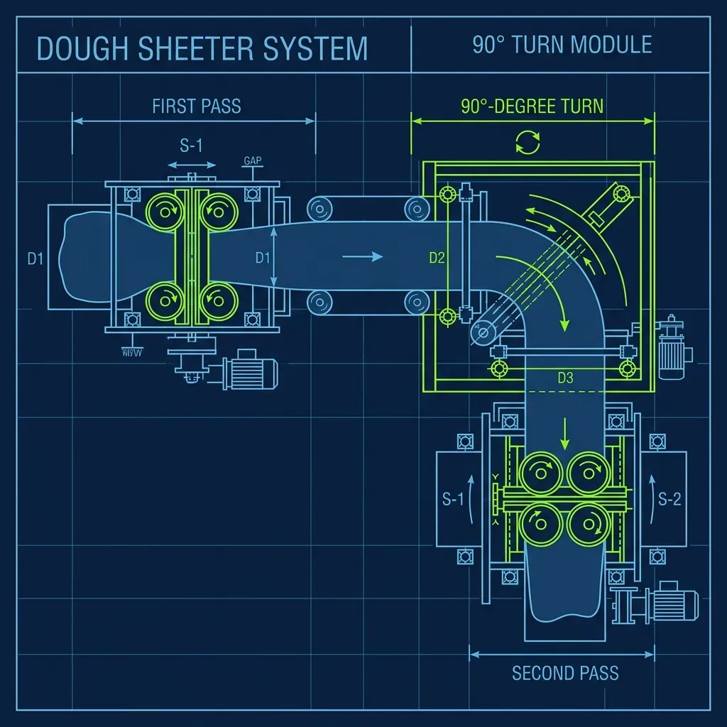 Technical diagram illustrating the 90-degree turn between the first and second pass through a dough sheeter