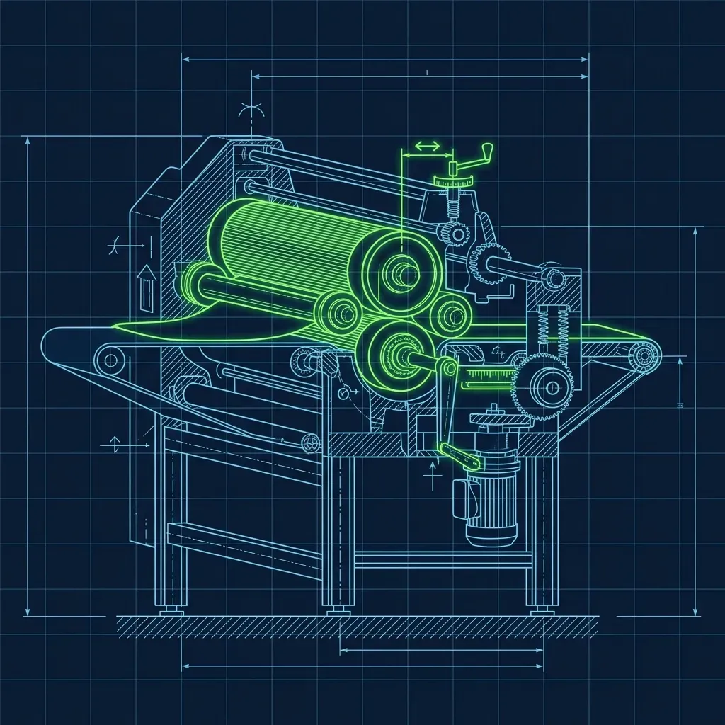 Blueprint-style schematic of a pizza dough sheetout machine's calibrated rollers and gap width