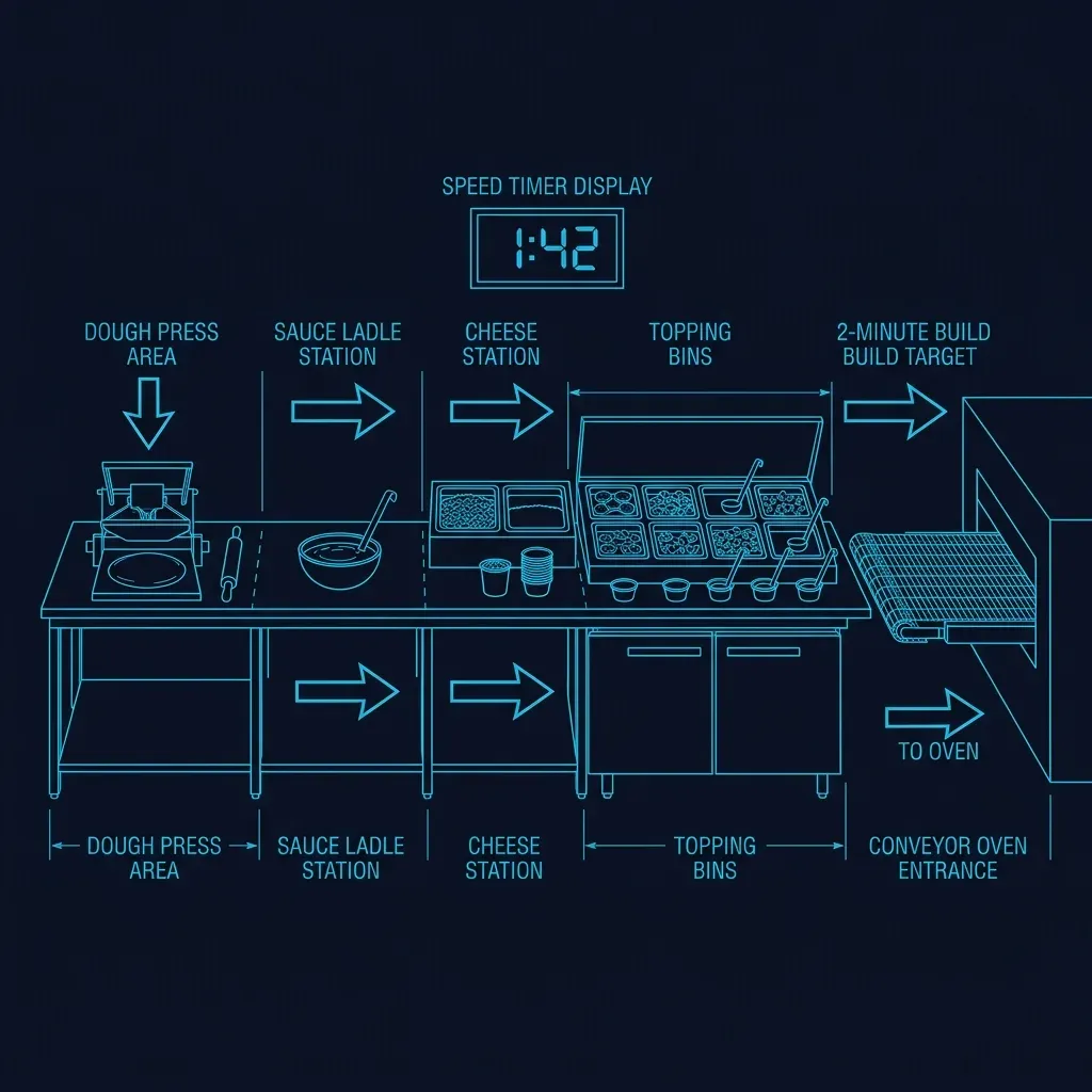 Side-view schematic of a Domino's makeline showing the assembly flow from dough to oven entrance