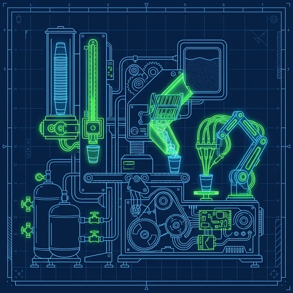 Schematic of the McDonald's Automated Beverage System showing the cup hopper, ice chute, and pouring arm