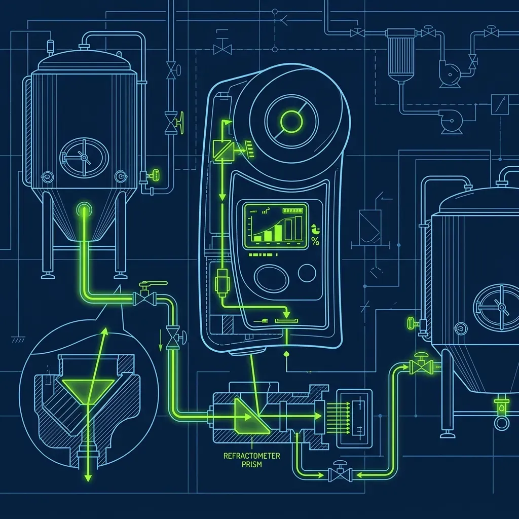 Technical illustration of a Brix meter used to calibrate syrup-to-water ratios from stainless steel tanks