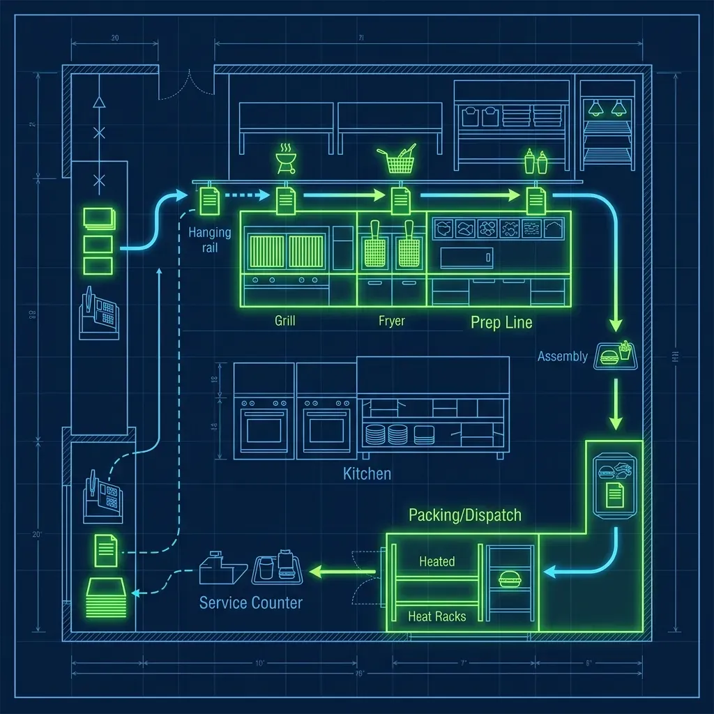 Diagram of manual paper order workflow in a fast food kitchen on a dark navy background