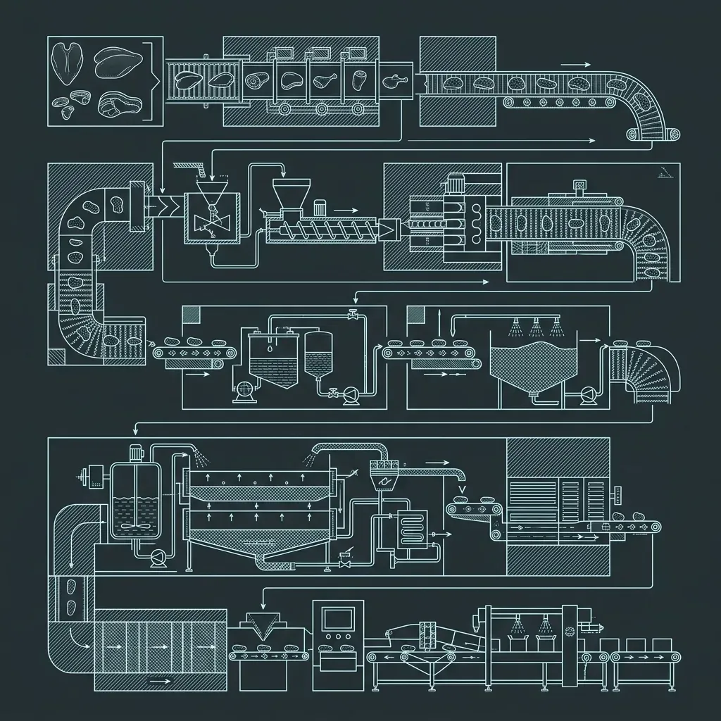 Blueprint illustration of The Factory Process: Breast to Nugget