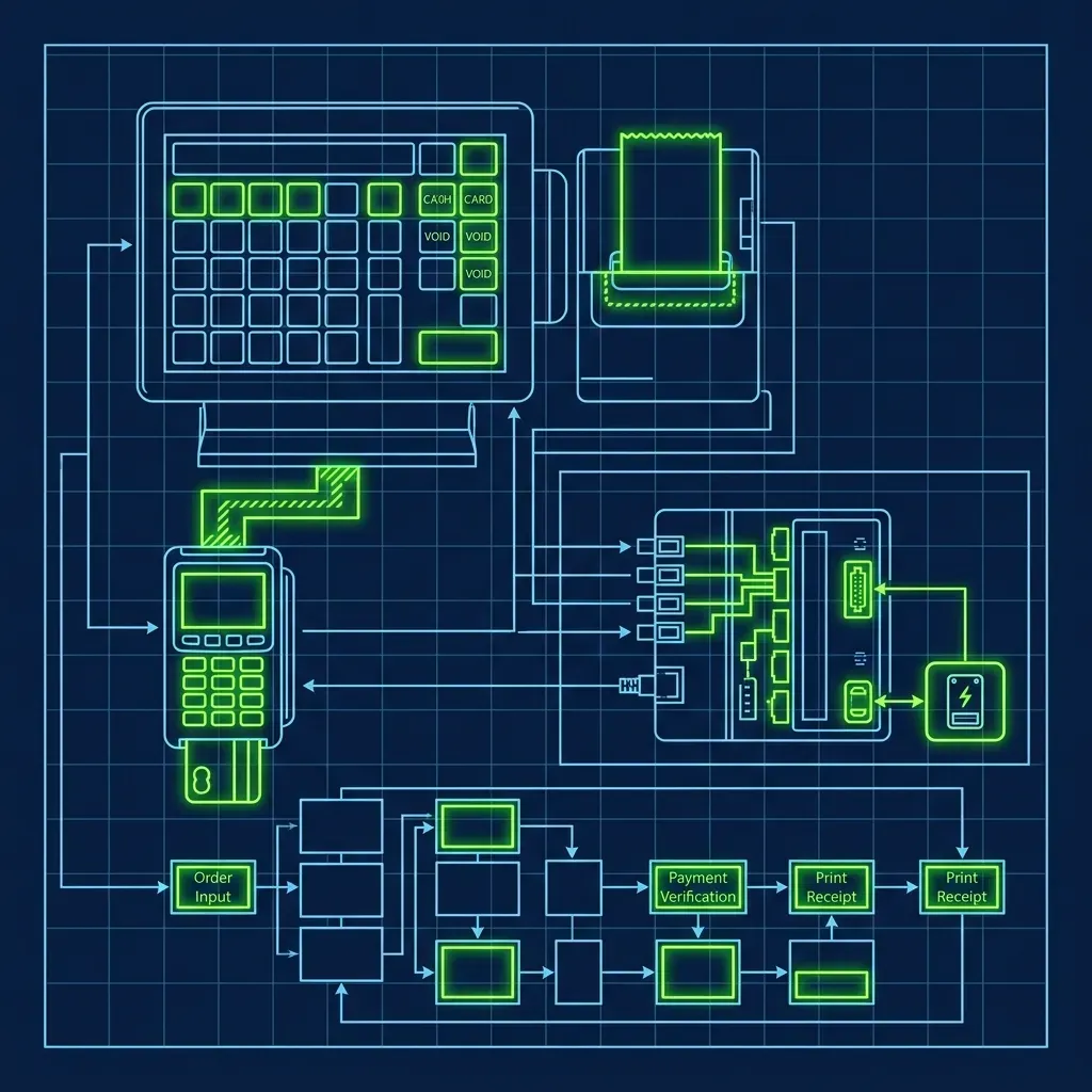 Technical schematic of a McDonald's manual POS crash kit on a dark blue background