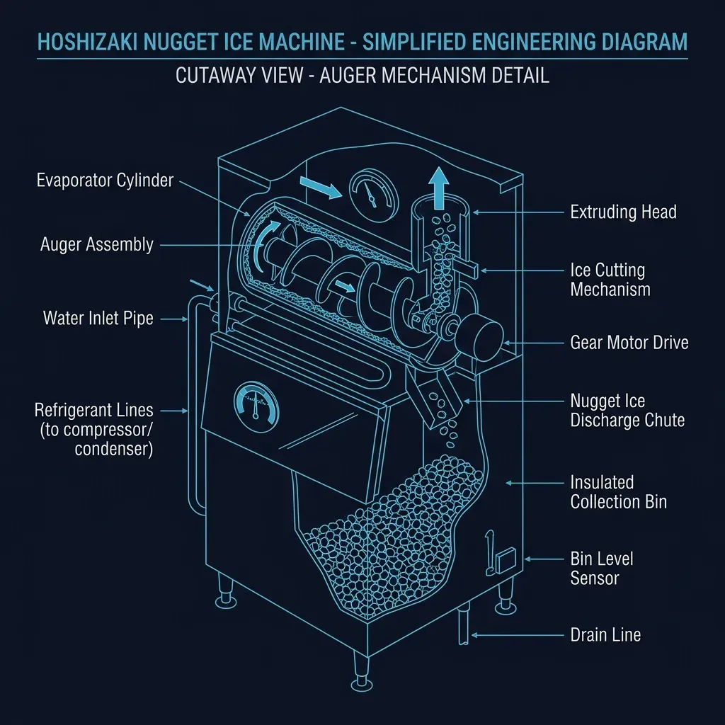 Cutaway diagram of a Hoshizaki nugget ice machine showing the auger mechanism, freezing chamber, and collection bin