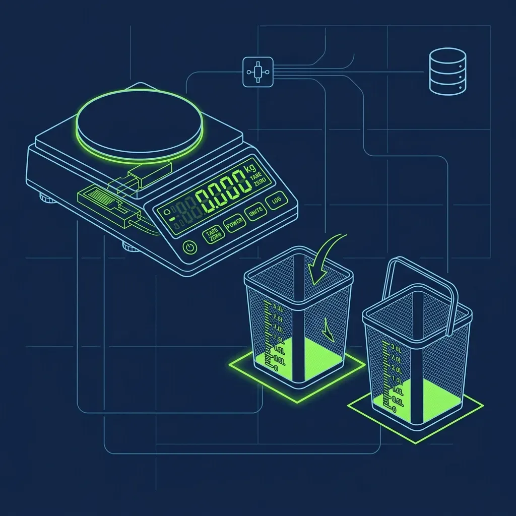 Flat vector technical diagram of a digital food scale and measuring bins for waste logging