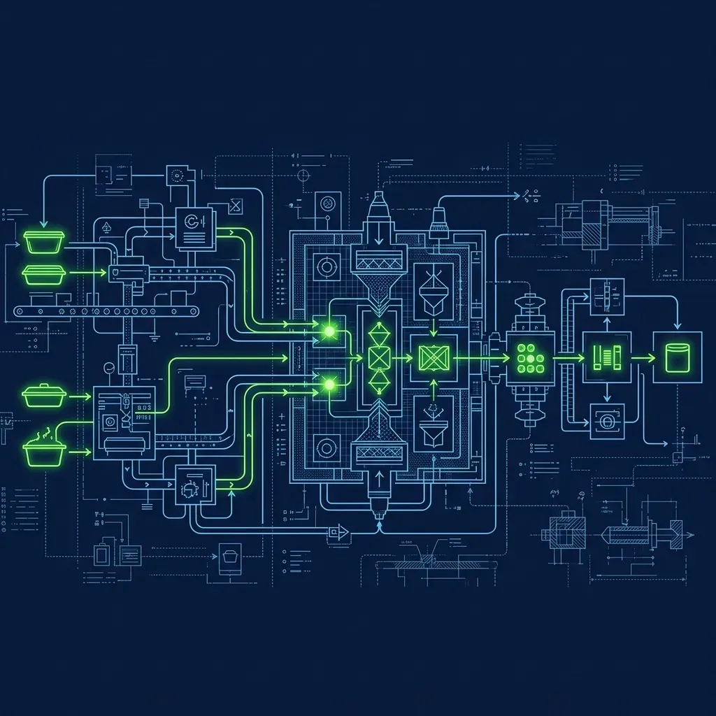 Schematic diagram of steam table pan consolidation workflow in neon green and light blue