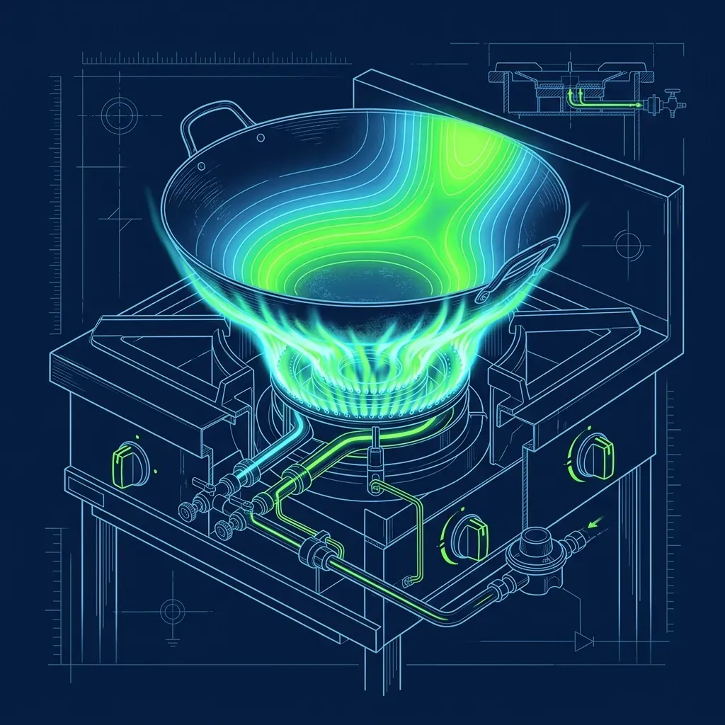 Technical illustration of a commercial wok burner showing heat distribution and flames