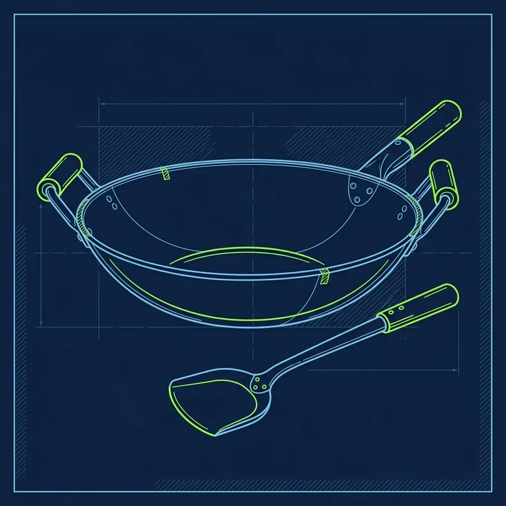 Blueprint style vector of a heavy commercial wok and chuan spatula with neon green accents