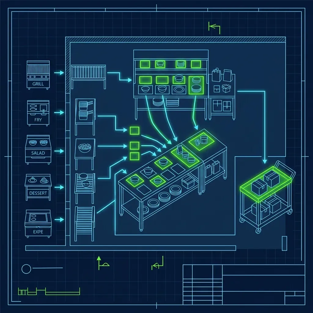 Schematic diagram of a Panera kitchen consolidation staging area for multi-station orders