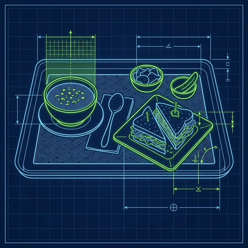 Technical layout diagram of a quality control tray with soup and sandwich presentation standards