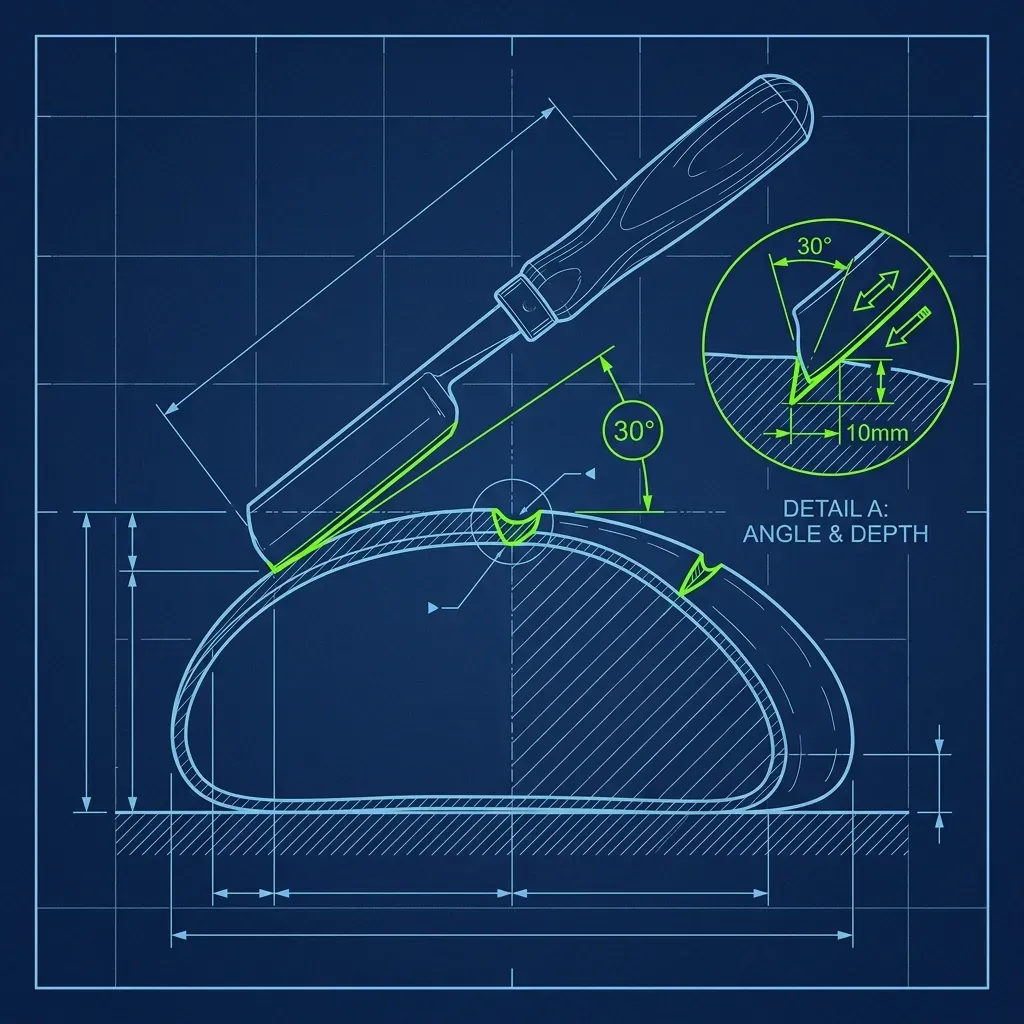 Blueprint schematic showing the correct 30-degree razor blade angle for scoring bread dough