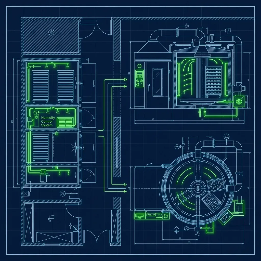 Technical diagram of proofing boxes and rotating rack ovens used by an overnight baker