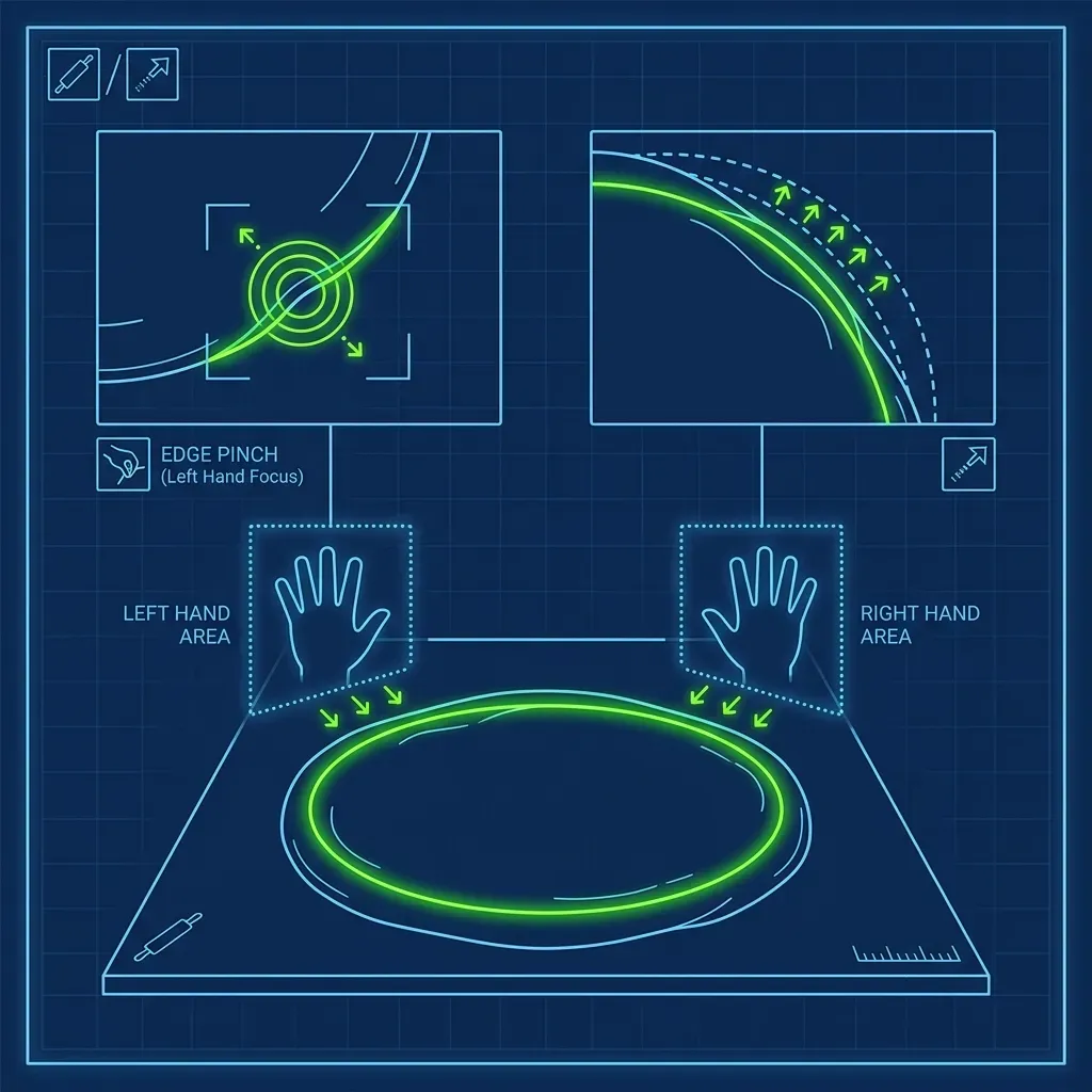 Instructional schematic showing hand placement for the dough edge stretch technique