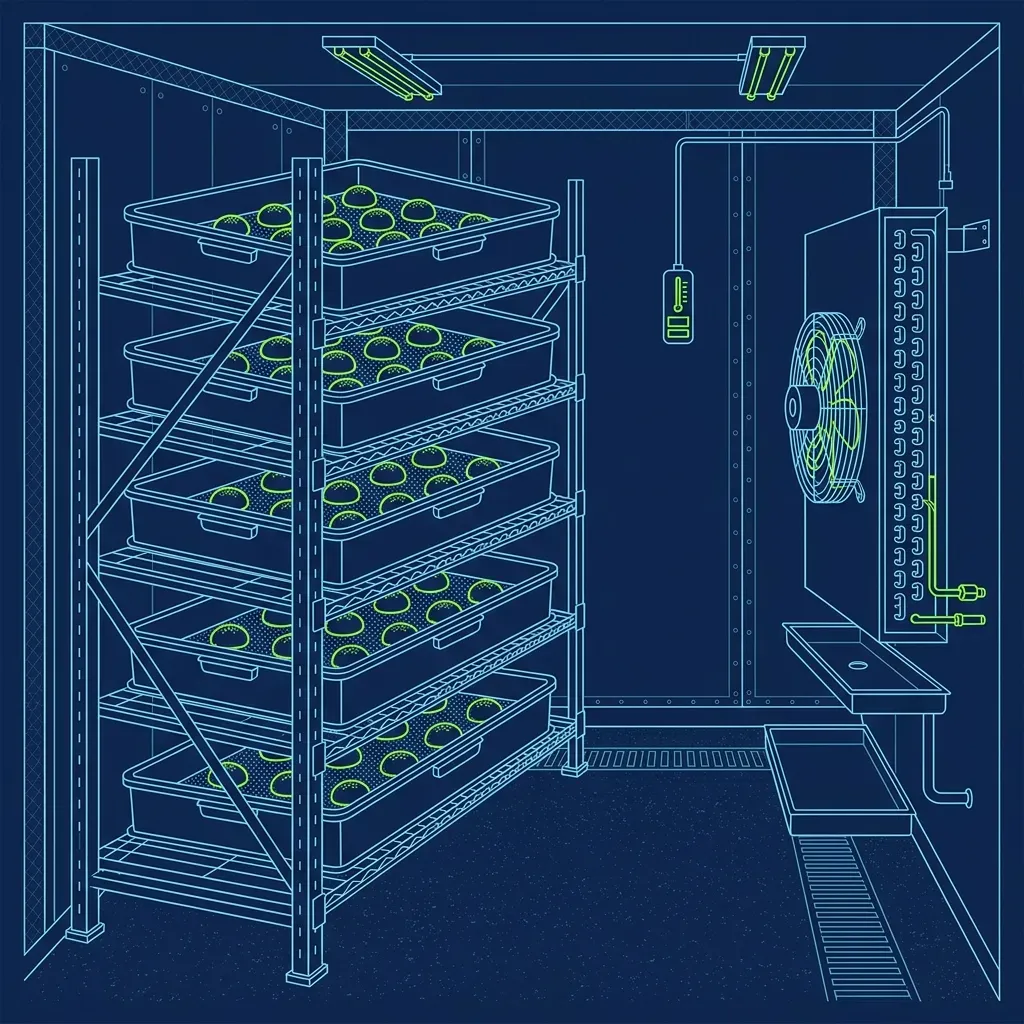 Technical flat design of stacked dough proofing trays in a walk-in cooler environment