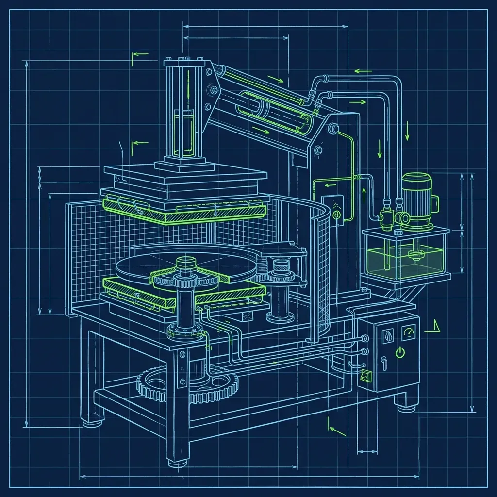 Technical schematic of a Papa John's Dough Spinner machine with heated platens and hydraulic arm