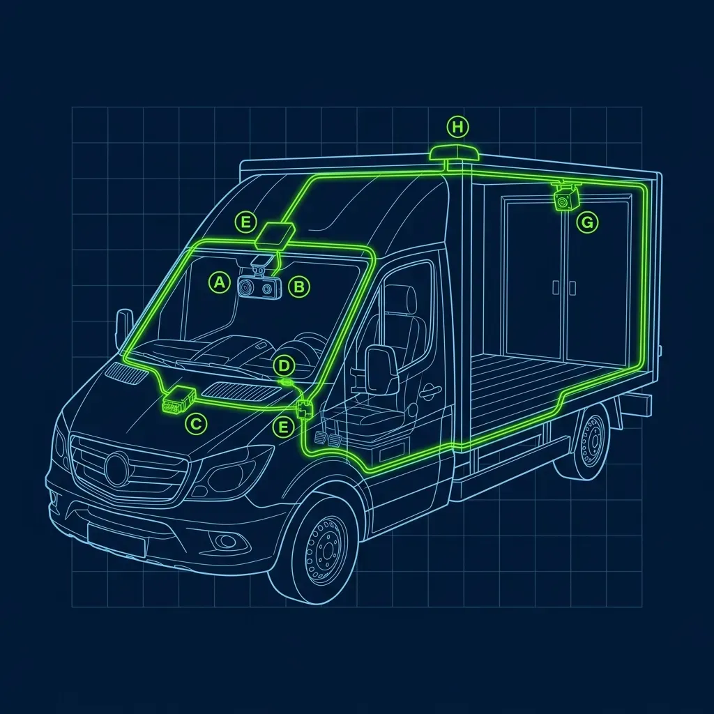 Technical schematic of a dashcam installation for a pizza delivery vehicle on a dark blue background