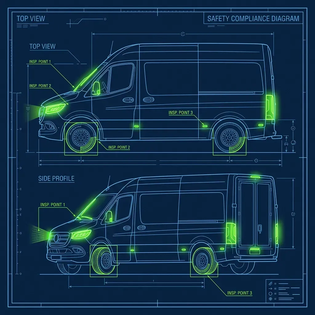 Blueprint diagram of a delivery vehicle highlighting required safety inspection points like headlights and tires