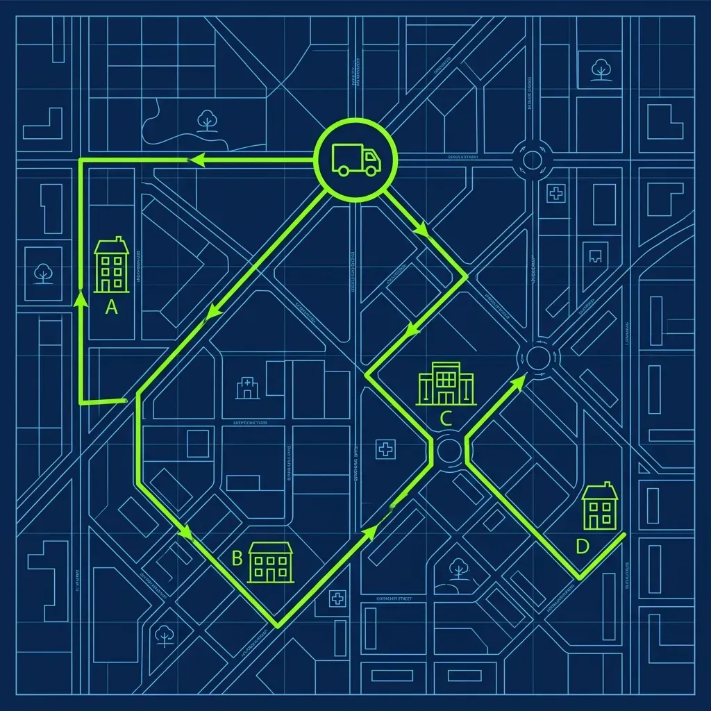 Flat vector diagram of a delivery routing map showing a double order path