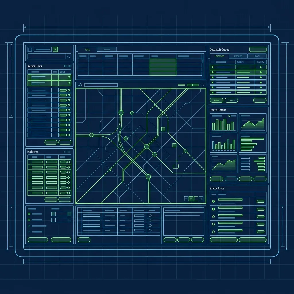 Technical wireframe diagram of a Pizza Hut dispatch terminal touchscreen interface