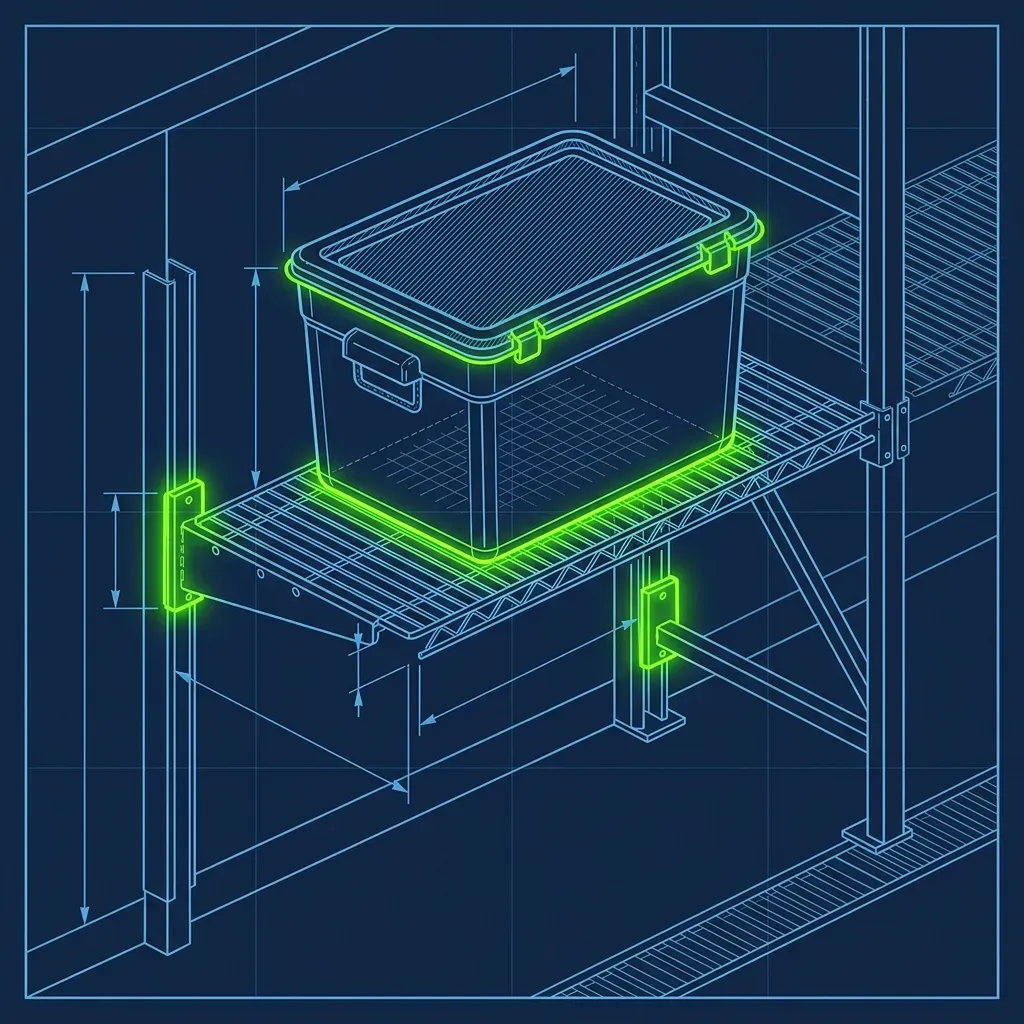 Blueprint diagram of a commercial walk-in cooler shelf holding a 12-hour marinade tub