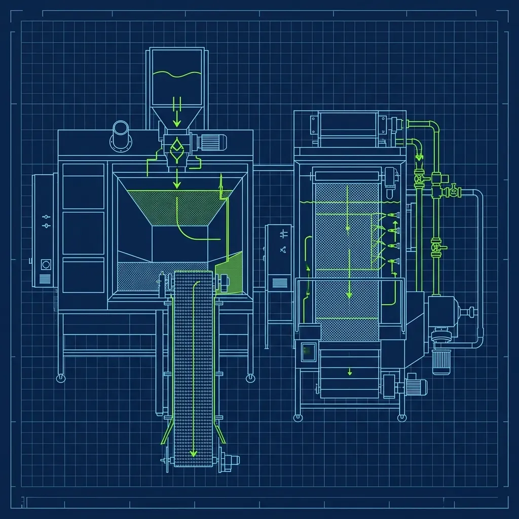 Technical top-down schematic of a stainless steel flour battering bin and wet dip station