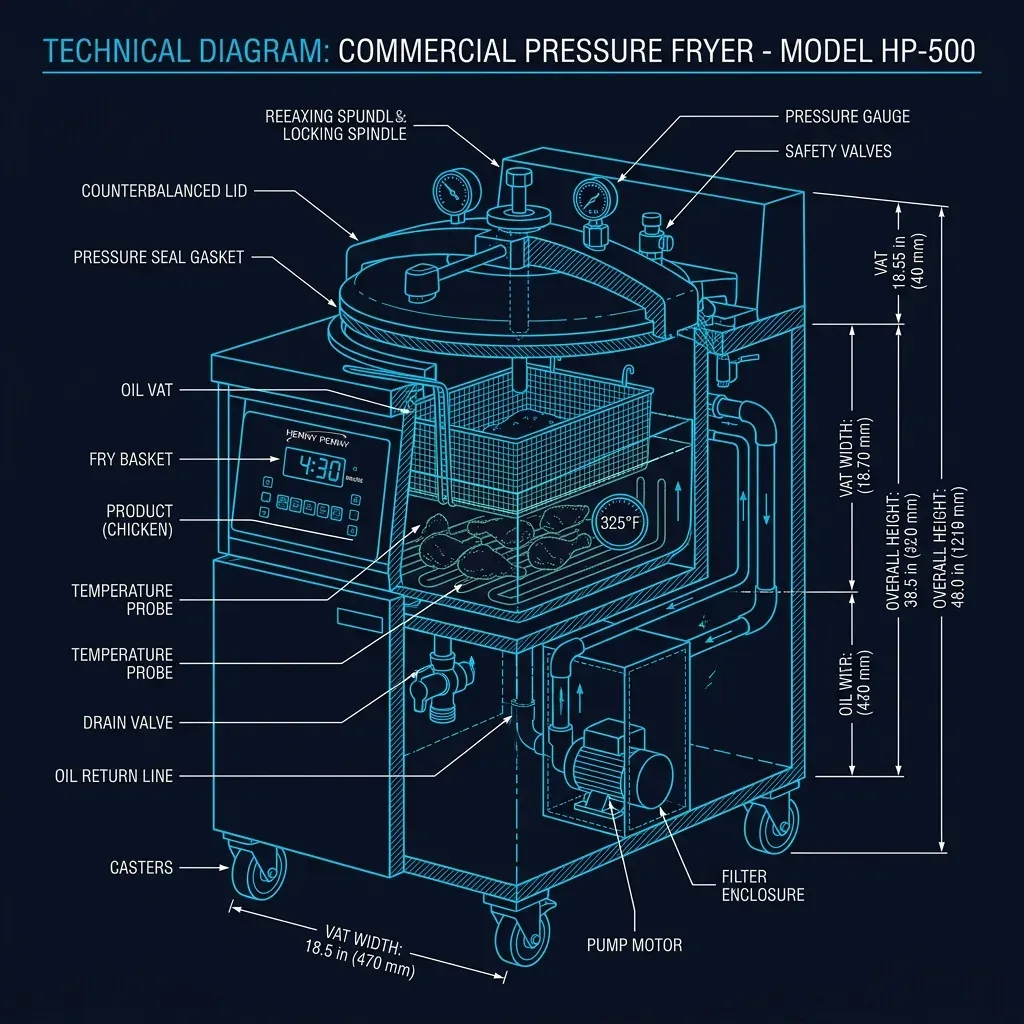 Cutaway diagram of a Henny Penny pressure fryer showing the sealed lid, oil reservoir, and chicken submerged at 325°F