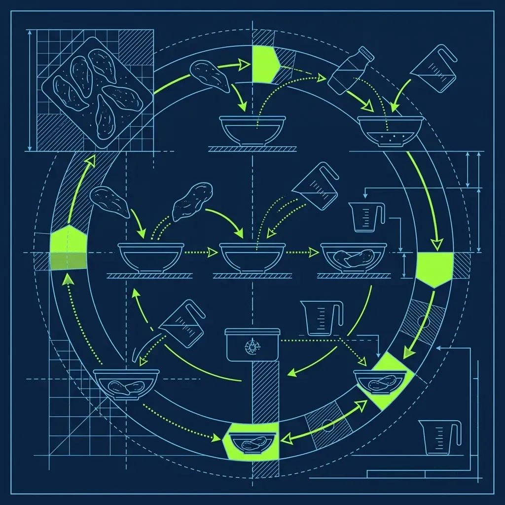 Blueprint diagram showing a 24-hour marination timeline for chicken tenders