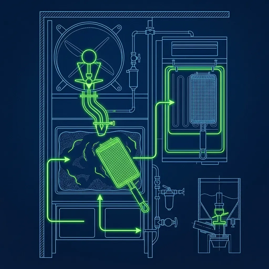 Technical top-down schematic of a Bird Specialist flour bin and fryer basket setup