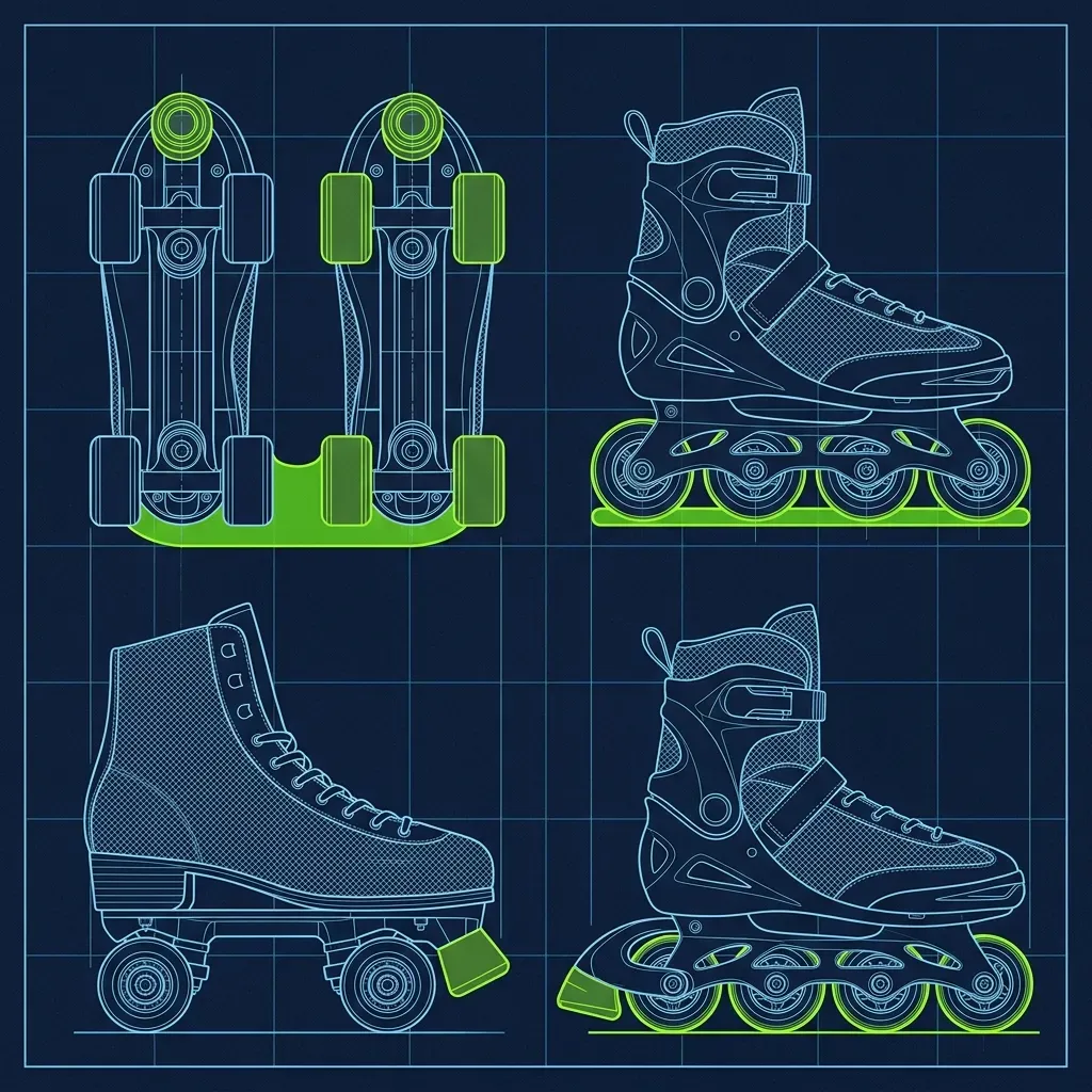 Technical wireframe diagram comparing the footprint of quad roller skates to inline skates