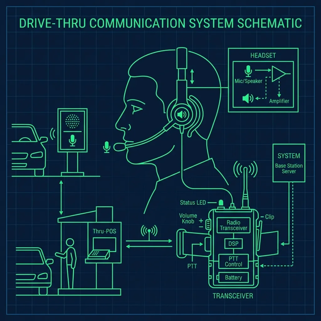 Technical diagram of a fast food drive-thru headset system transceiver