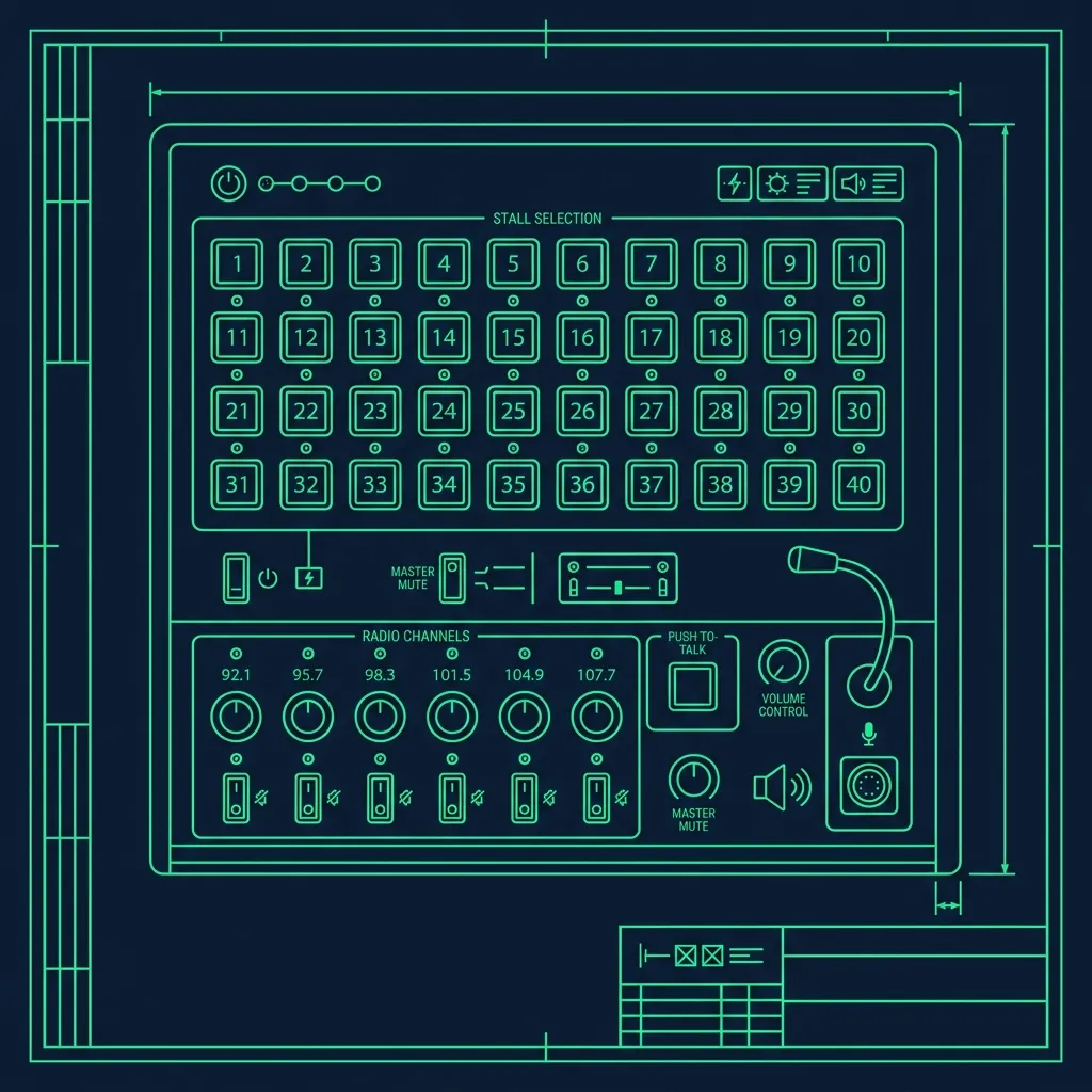 Technical schematic of a Sonic switchboard console with stall buttons and two-way radio channels