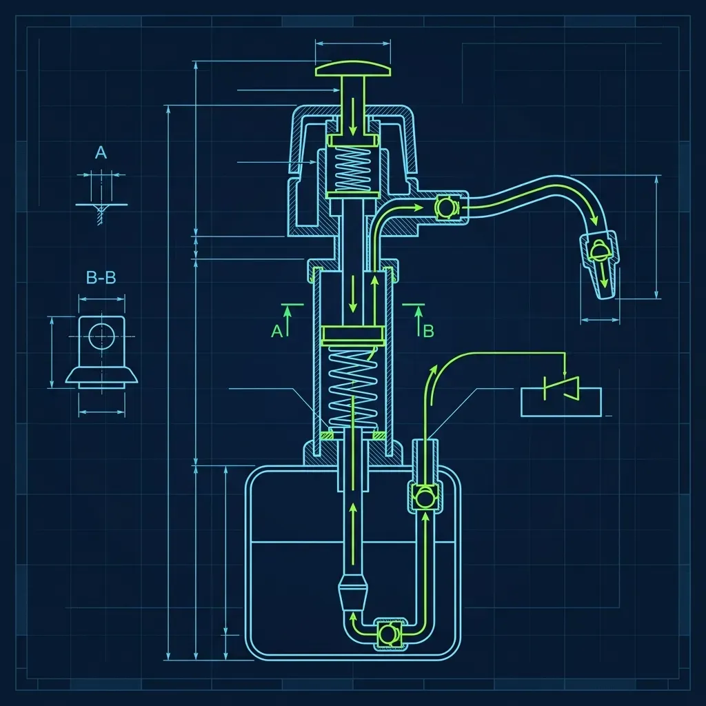 Flat vector technical schematic of a CBS syrup pump dispenser mechanism
