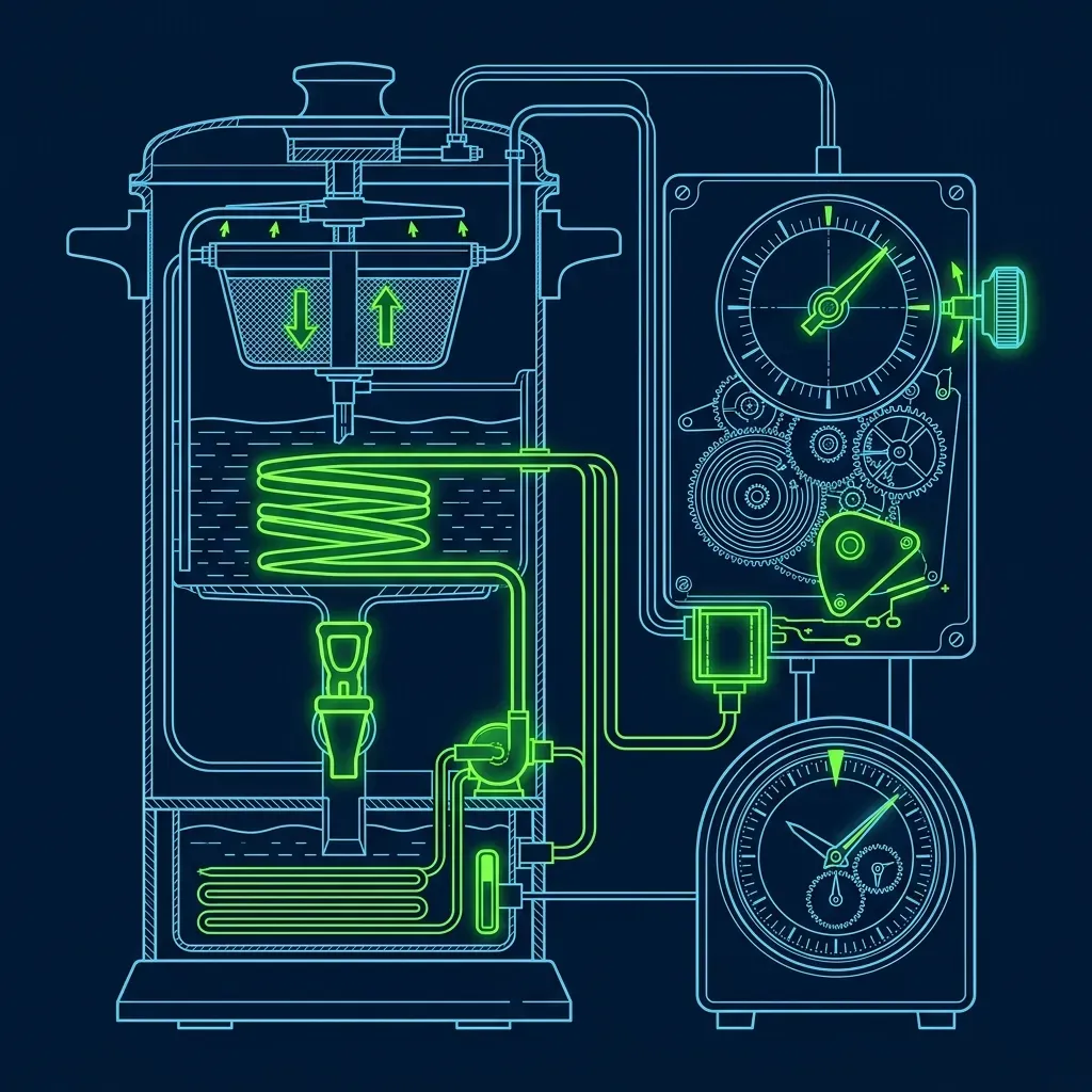 Technical schematic of a commercial coffee brewer urn and timer mechanism