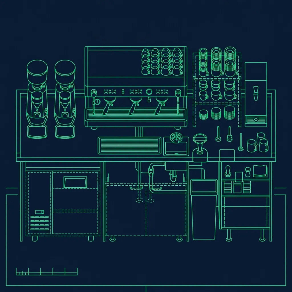 Blueprint-style layout diagram of a commercial hot bar espresso station