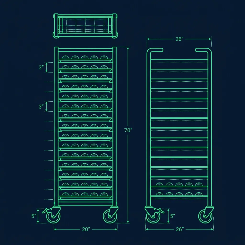 Technical schematic of a commercial rolling baker's rack for pastry thawing