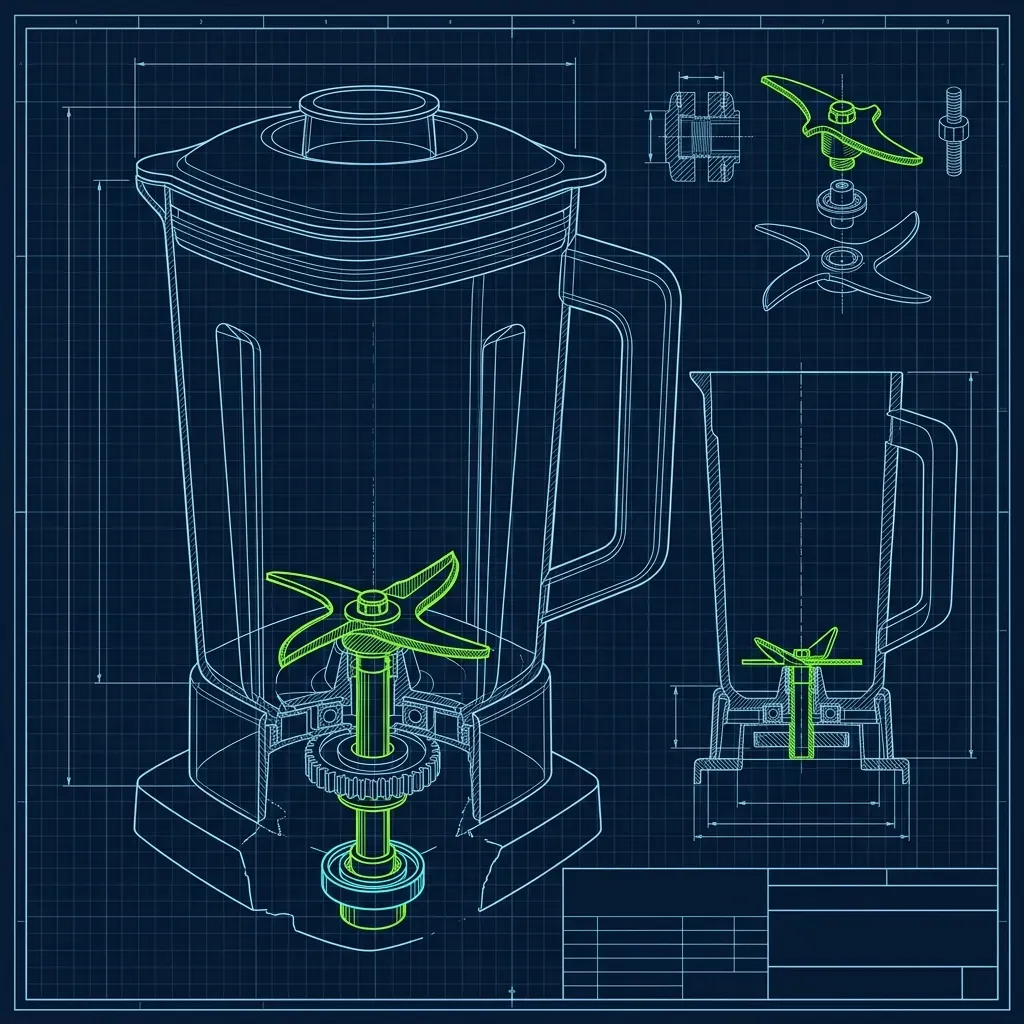Blueprint-style schematic of a commercial blender pitcher and blade assembly