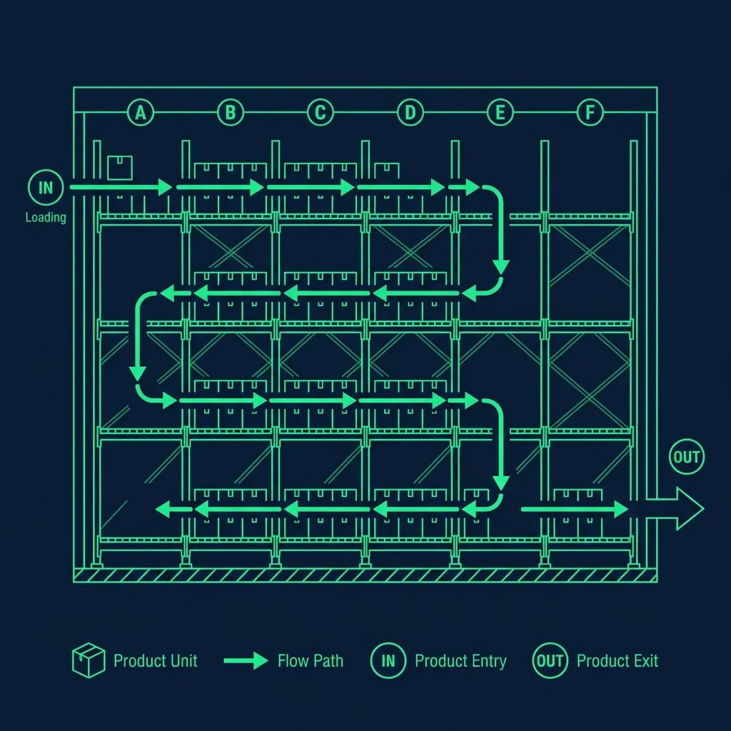 Operational layout diagram of a walk-in freezer shelving system using FIFO rotation