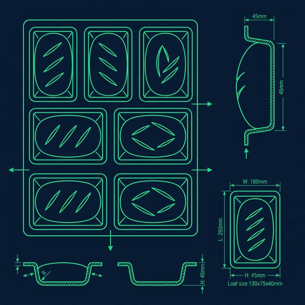 Flat vector technical diagram of Subway silicone bread baking forms
