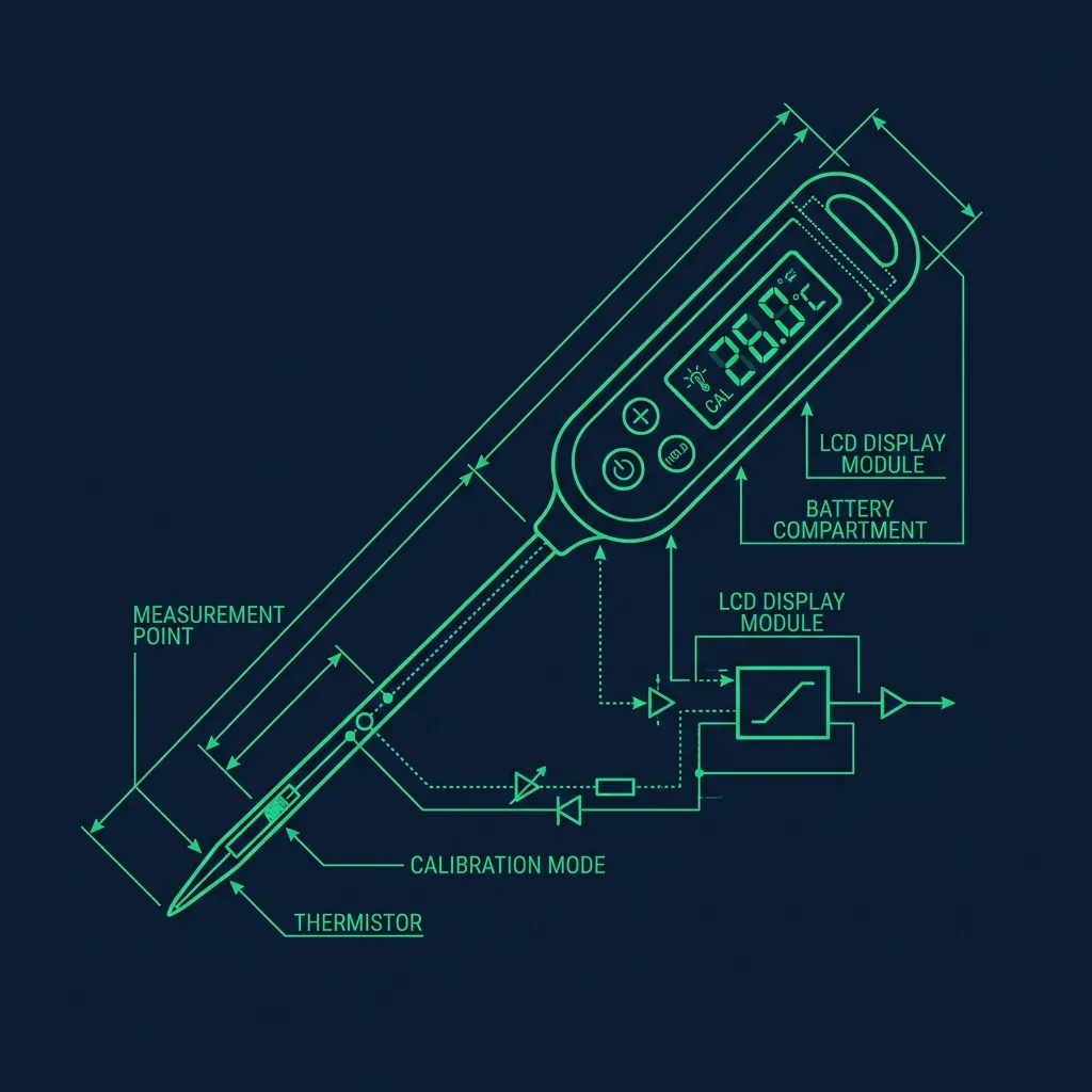 Technical schematic of a calibrated food safety probe thermometer
