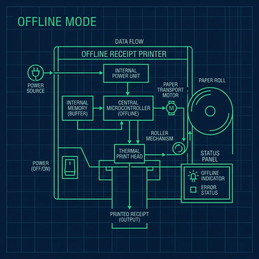 Blueprint style diagram of an offline receipt printer data flow