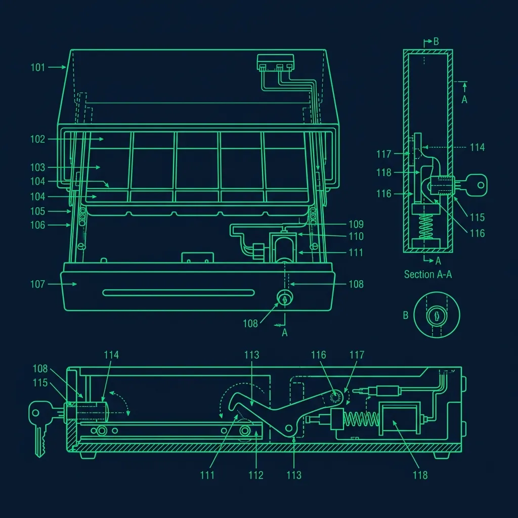 Technical diagram of a Subway POS terminal cash drawer manual override mechanism
