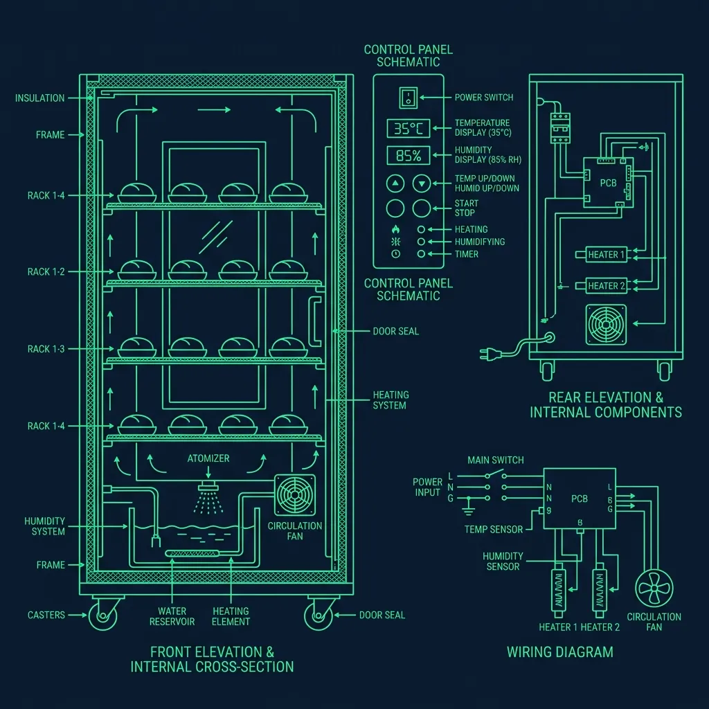 Technical schematic of a Subway proofer cabinet with humidity controls