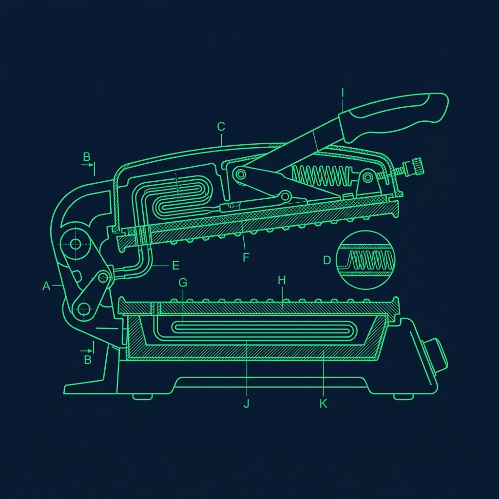 Blueprint style schematic of the Taco Bell clamshell grill press heating elements