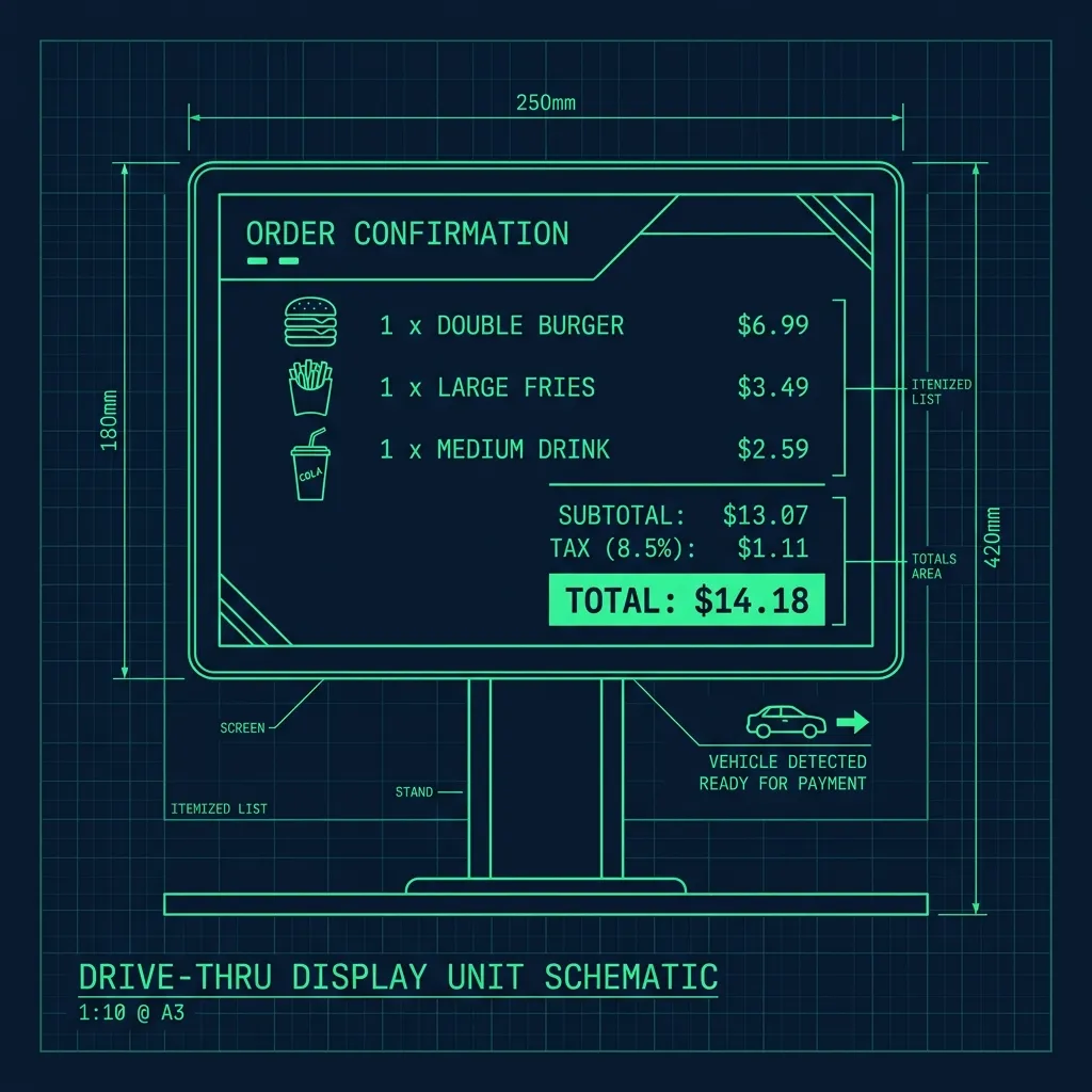 Blueprint style diagram of an order confirmation screen matrix