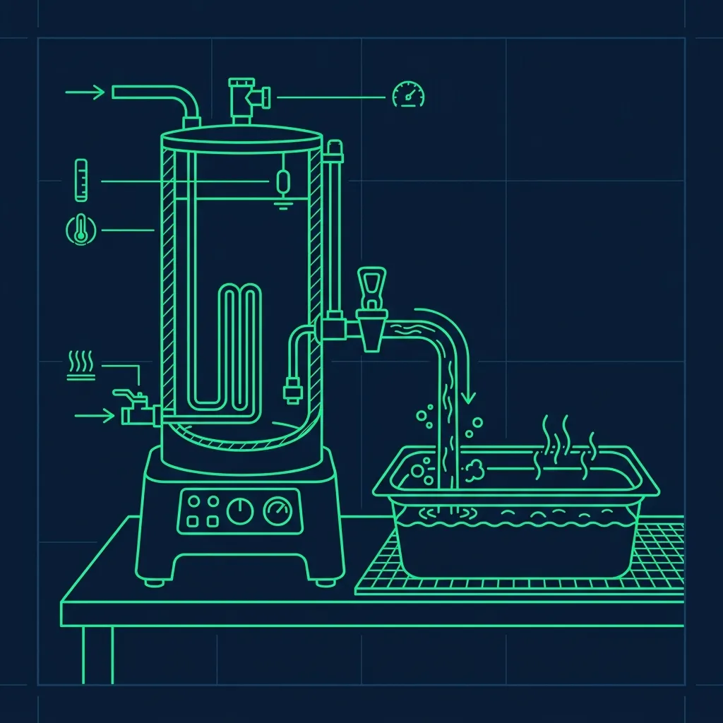 Technical schematic of a hot water tower dispensing boiling water into a metal hotel pan